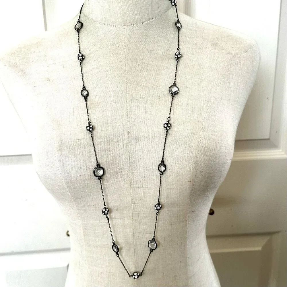Stella & Dot Black Chain rhinestone crystal station long necklace